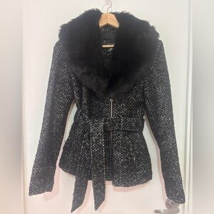 Guess Black and White Tweed Teddy Jacket with Removable Faux Fur Collar